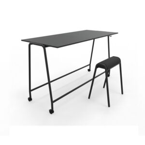 Schwarzer Stehtisch mit passendem Hocker im minimalistischen Design.